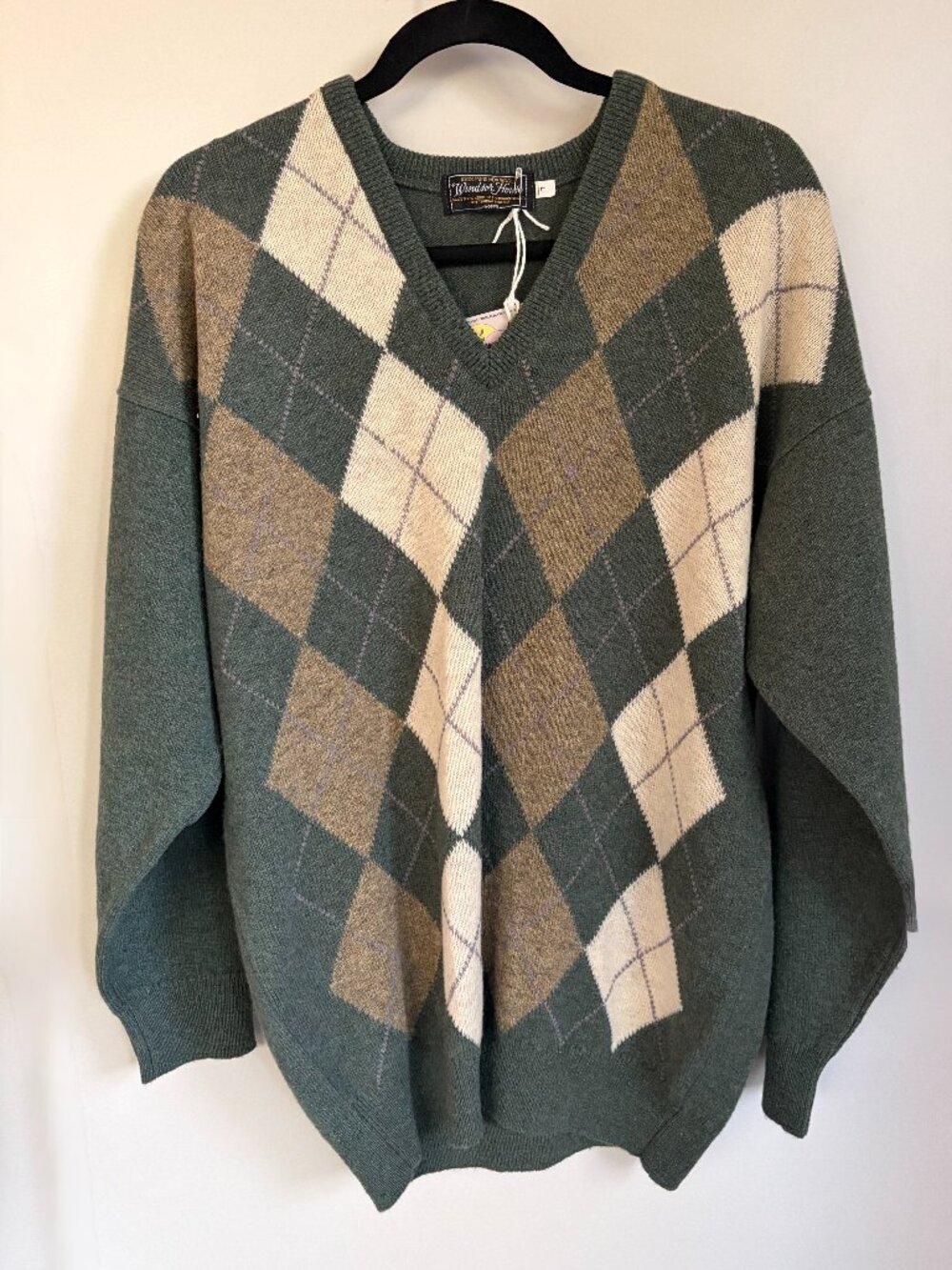 Vintage 90s Windsor House Wool Argyle Sweater Made in England Mens L Deadstock